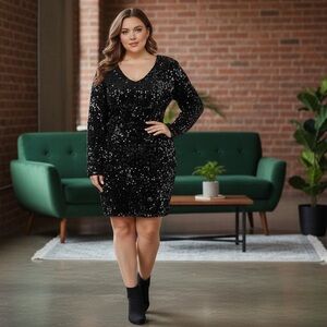 In’Voland Black Sequin V Neck Party Cocktail Sparkle Glitter Stretchy Dress